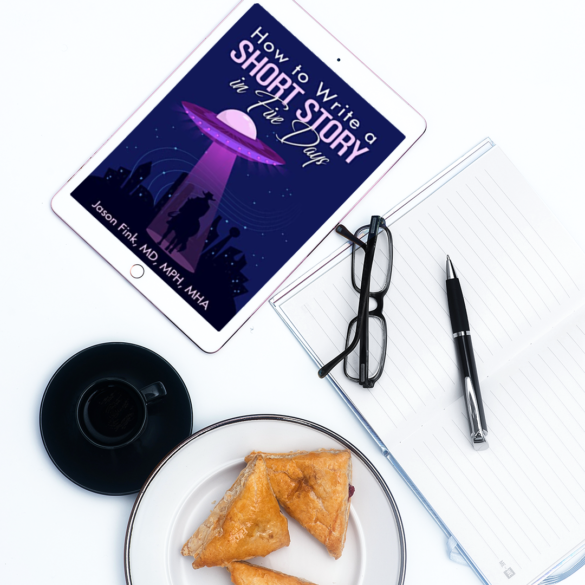 picture of How to Write a Short Story in Five Days by Jason Fink on the kindle next to some writing paper and pen, a coffee lid and a late with crossiants, alongside a pair of glasses on a white table