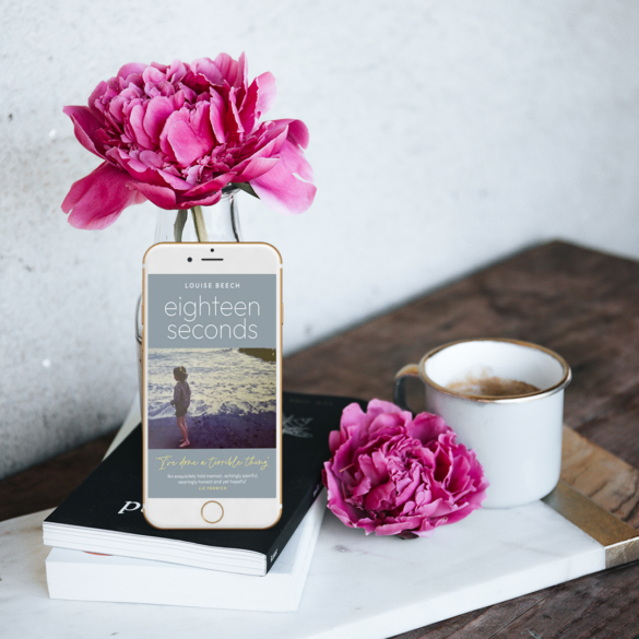 Picture of Eighteen Seconds by Louise Beech book cover on an iphone with flowers next to it, one in a vase and a cup of coffee on a white book and tray